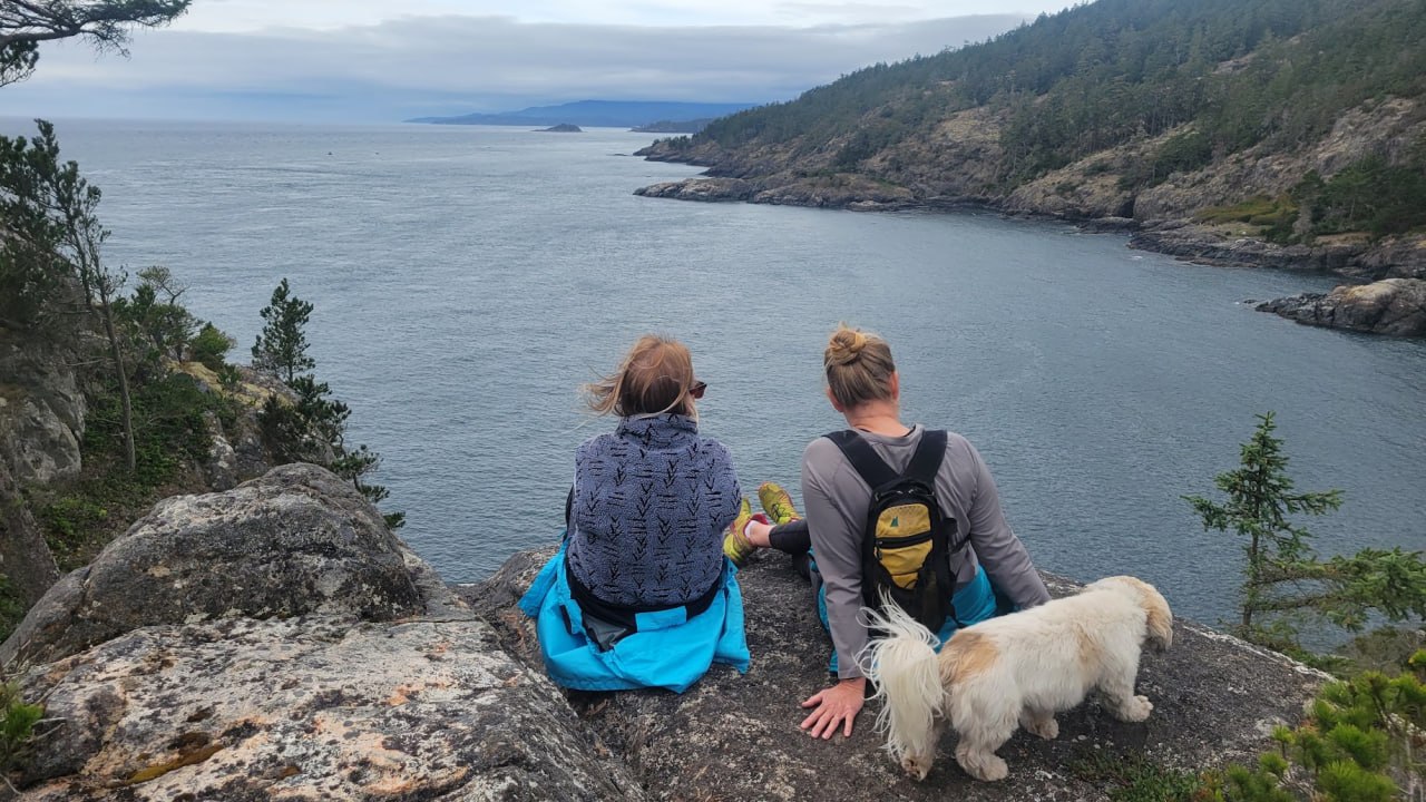 Friends and a dog sitting on coastal bluffs overlooking the water