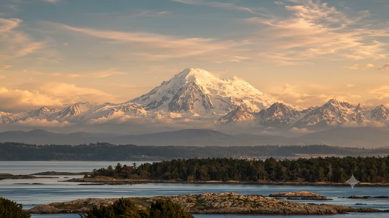 Gulf Islands and Mount Baker under a blue sky from the Vancouver Island shoreline